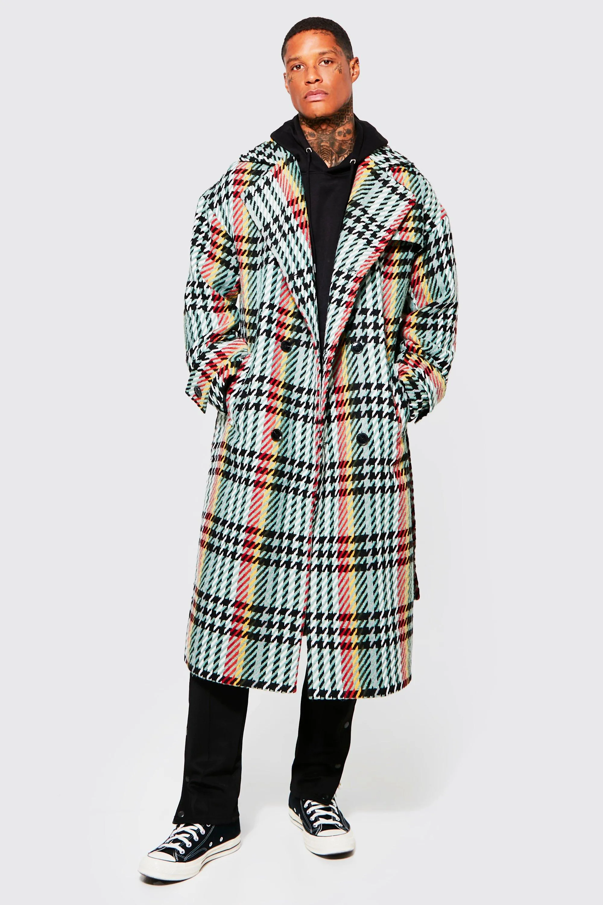 Wool Look Check Double Breasted Overcoat | boohooMAN UK