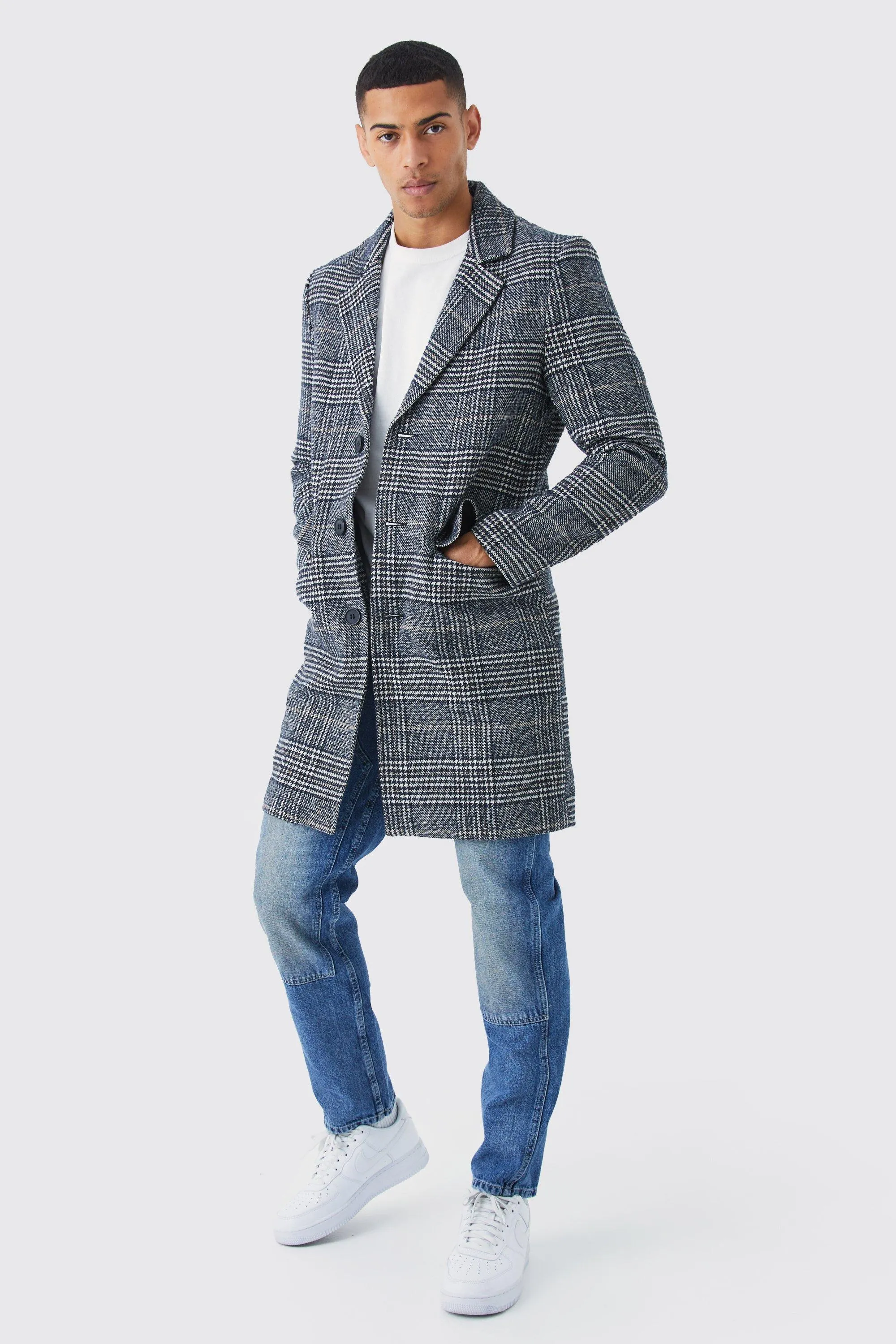 Wool Mix Check Overcoat | boohooMAN UK